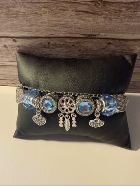 Silver  Dreamcatcher Charm Bracelet Charm Bracelet with light blue Heart Charms